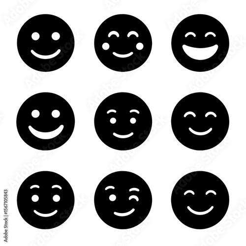 Smiling Faces Grid. Solid, filled icons set of types of smiles: polite smile, shy smile, mischievous grin,
