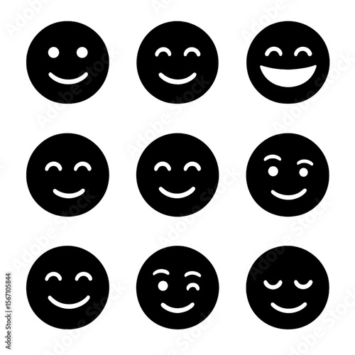 Smiling Faces Grid. Solid, filled icons set of types of smiles: polite smile, shy smile, mischievous grin,
