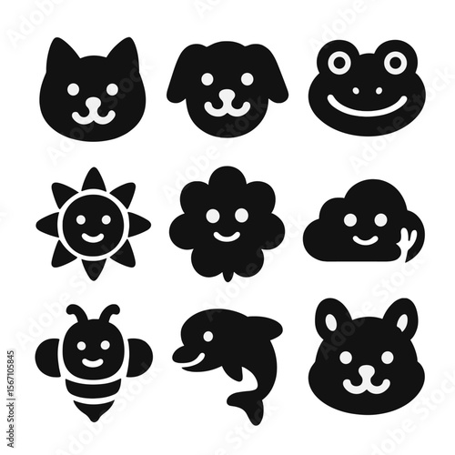 Smiling Animal Icons. Solid, filled icons set of smiling animals and nature: smiling cat, happy dog, grinning