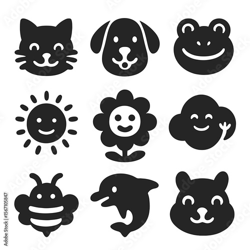 Smiling Animal Icons. Solid, filled icons set of smiling animals and nature: smiling cat, happy dog, grinning