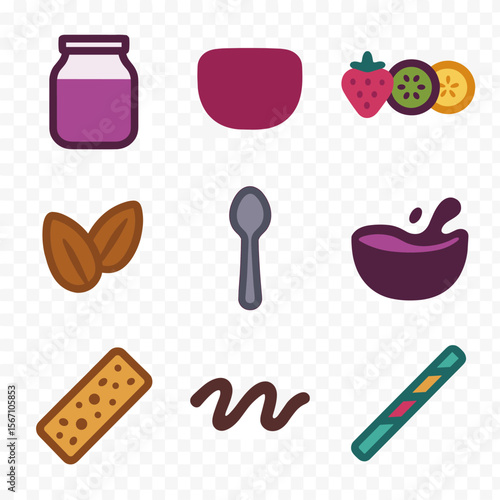 Smoothie Bowl Icons. Solid, filled icons set of smoothie bowl concepts: wide jar, smoothie base, fruit row,