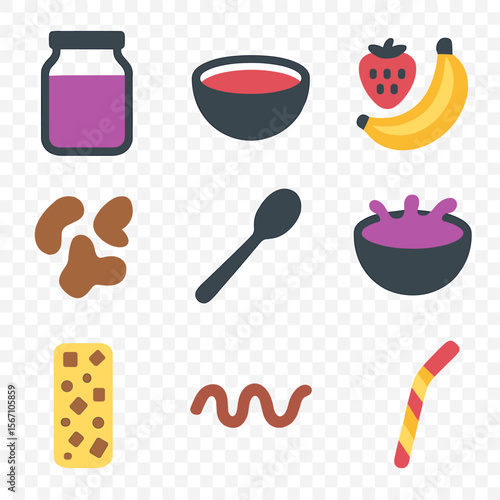 Smoothie Bowl Icons. Solid, filled icons set of smoothie bowl concepts: wide jar, smoothie base, fruit row,