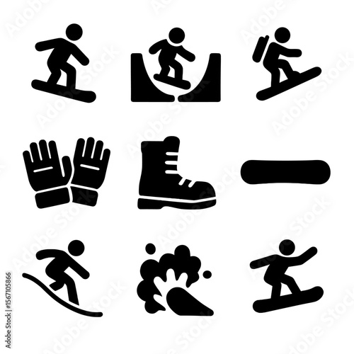 Snowboarding Icons Grid. Solid, filled icons set of snowboarding activities: snowboarder jump, half-pipe,