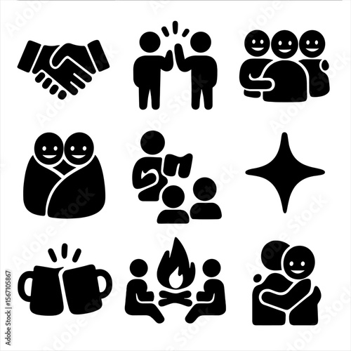 Social Bonding Icons. Solid, filled icons set of social bonding moments: handshake, high five, group laughter,