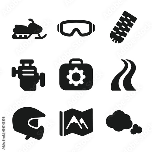 Snowmobiling Icon Set. Solid, filled icons set of snowmobiling: snowmobile, goggles icon, snow track, engine