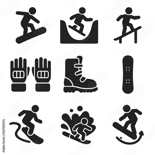 Snowboarding Icons Grid. Solid, filled icons set of snowboarding activities: snowboarder jump, half-pipe,