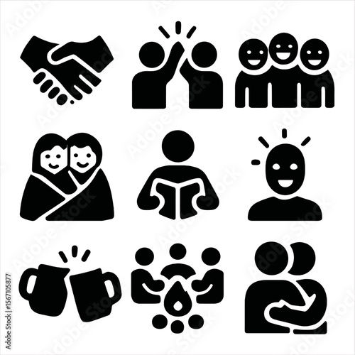 Social Bonding Icons. Solid, filled icons set of social bonding moments: handshake, high five, group laughter,