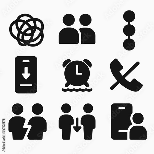 Social Connection Icons. Solid, filled icons set of social media challenges to real connection: tangled icon,