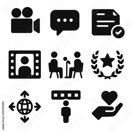 Icons of Social Impact. Solid, filled icons set of documentary and social impact films: documentary camera,