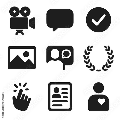 Icons of Social Impact. Solid, filled icons set of documentary and social impact films: documentary camera,