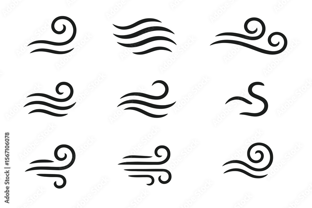 Fototapeta premium 10 black line icons of wind flow. Minimal swirls and curves for breeze, air, weather designs. Clean vector style.