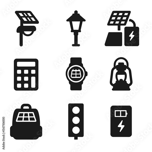 Solar Device Icons. Solid, filled icons set of solar-powered devices: solar light, garden lantern, solar