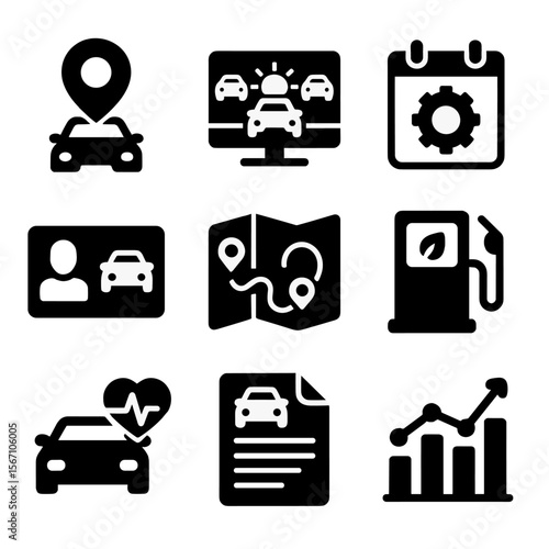 Solar Fleet Icons. Solid, filled icons set of solar fleet management: GPS tracker, fleet dashboard,