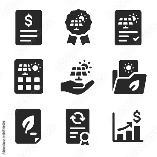 Solar Incentives Icons. Solid, filled icons set of government solar incentives: tax credit form, grant badge,