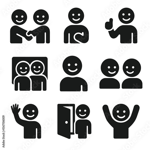 Social Smile Icons. Solid, filled icons set of smiling in social interaction: handshake with smile, greeting
