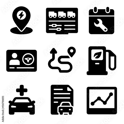 Solar Fleet Icons. Solid, filled icons set of solar fleet management: GPS tracker, fleet dashboard,
