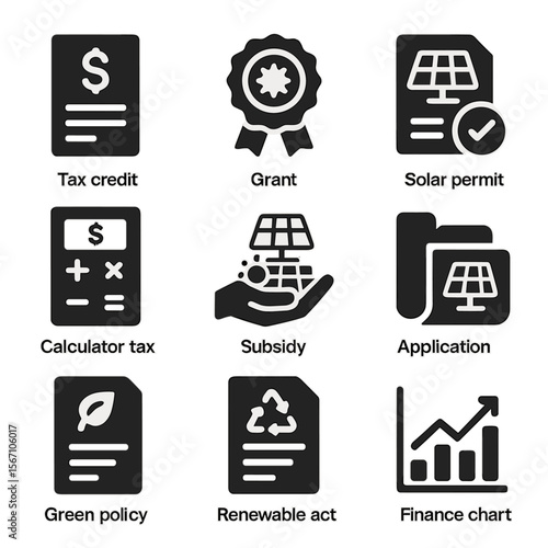Solar Incentives Icons. Solid, filled icons set of government solar incentives: tax credit form, grant badge,