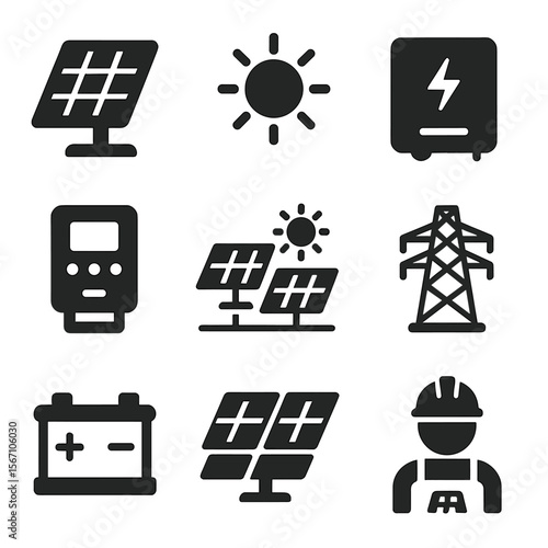 Solar Power Icons Set. Solid, filled icons set of solar power plants: solar panel, sun icon, inverter box,
