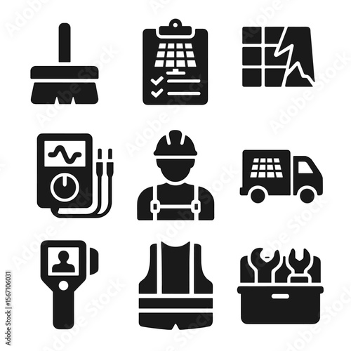 Solar Panel Maintenance Icons. Solid, filled icons set of solar panel maintenance: cleaning brush, inspection