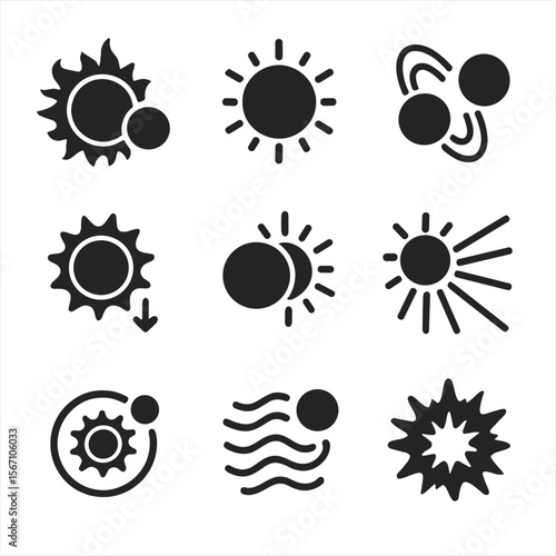 Solar System Icon Grid. Solid, filled icons set of sun and planetary interactions: solar flare, sun icon,