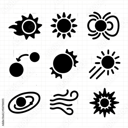 Solar System Icon Grid. Solid, filled icons set of sun and planetary interactions: solar flare, sun icon,