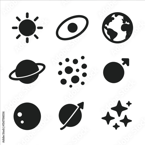 Solar System Dynamics. Solid, filled icons set of solar system dynamics: sun icon, orbit path, Earth icon,