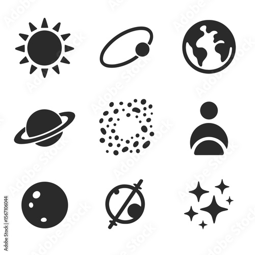 Solar System Dynamics. Solid, filled icons set of solar system dynamics: sun icon, orbit path, Earth icon,