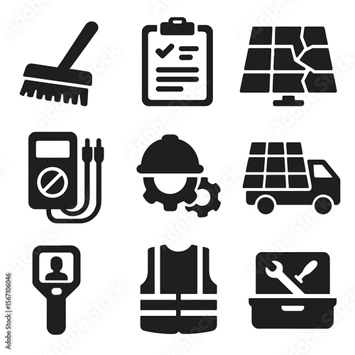 Solar Panel Maintenance Icons. Solid, filled icons set of solar panel maintenance: cleaning brush, inspection