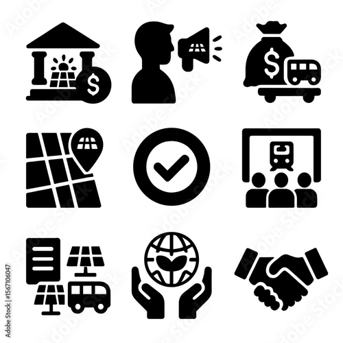 Solar Transport Icons. Solid, filled icons set of policy and community support for solar transport: government