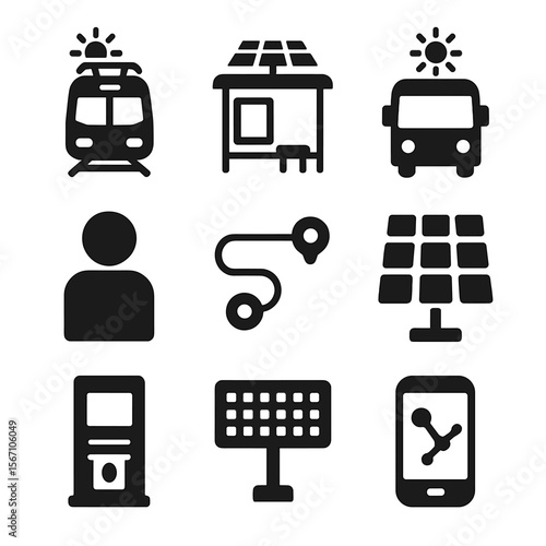 Solar Transit Icons. Solid, filled icons set of solar-powered public transit: solar train, bus shelter with