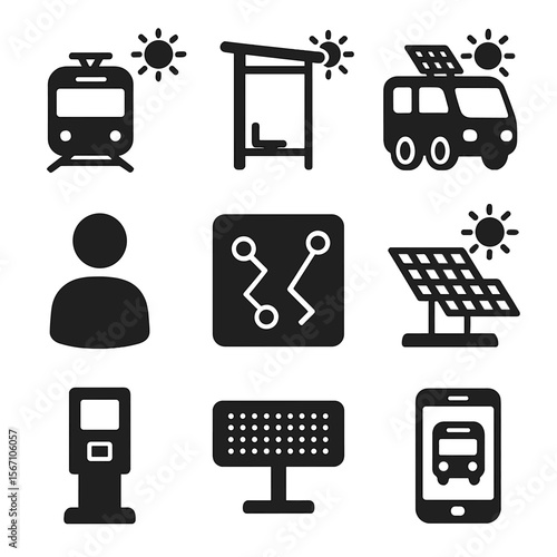Solar Transit Icons. Solid, filled icons set of solar-powered public transit: solar train, bus shelter with