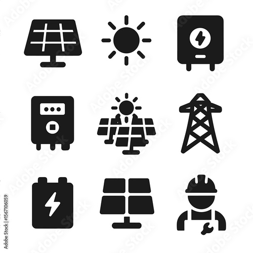 Solar Power Icons Set. Solid, filled icons set of solar power plants: solar panel, sun icon, inverter box,