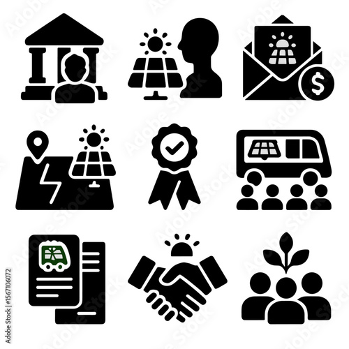 Solar Transport Icons. Solid, filled icons set of policy and community support for solar transport: government