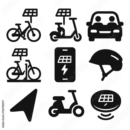 Solar Transport Icons. Solid, filled icons set of solar-powered last-mile solutions: electric bike, solar