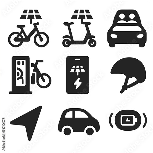 Solar Transport Icons. Solid, filled icons set of solar-powered last-mile solutions: electric bike, solar