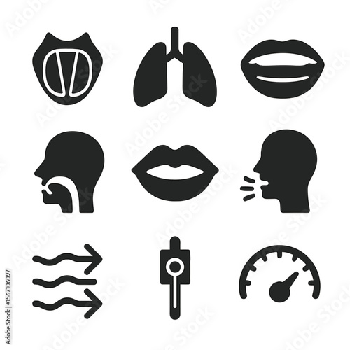 Sound Production Icons. Solid, filled icons set of sound production mechanisms: vocal folds, lungs, mouth