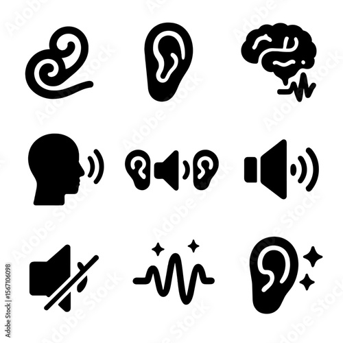 Sound Perception Icons. Solid, filled icons set of hearing and sound perception: cochlea, ear drum, auditory