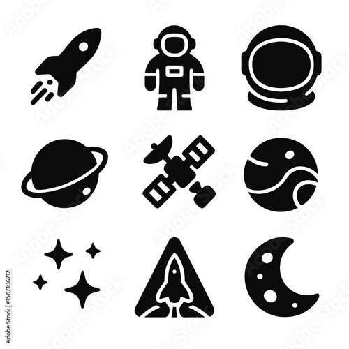 Space Exploration Icons. Solid, filled icons set of space exploration: rocket, astronaut, space helmet,