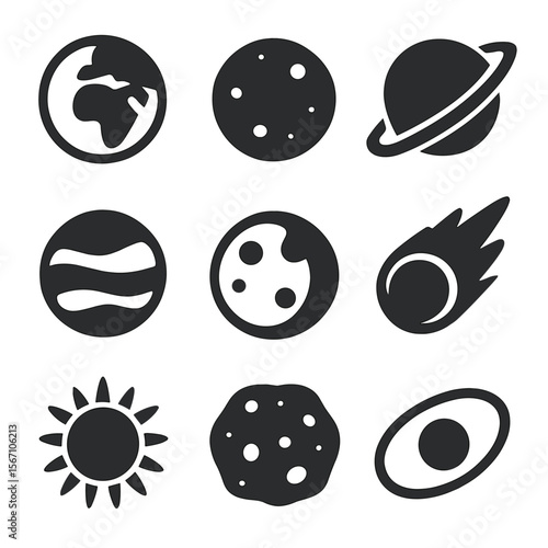 Space Icons Grid. Solid, filled icons set of space and planets: Earth, Mars, Saturn, Jupiter, moon, comet, sun