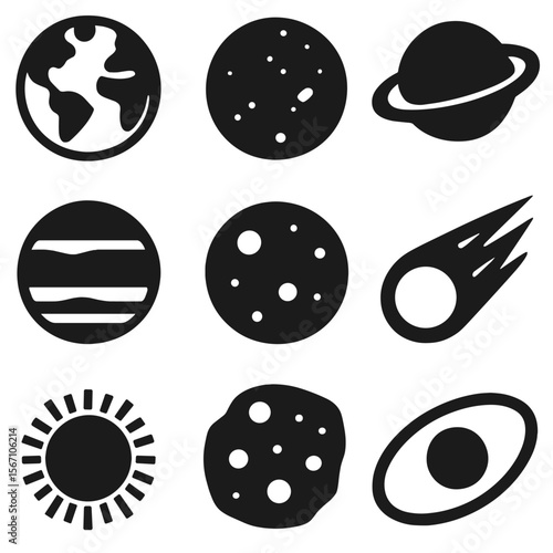 Space Icons Grid. Solid, filled icons set of space and planets: Earth, Mars, Saturn, Jupiter, moon, comet, sun