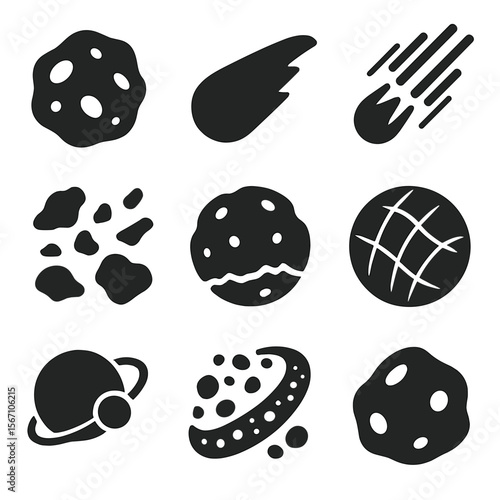 Space Icon Set. Solid, filled icons set of asteroid belts and minor bodies: asteroid icon, comet tail, meteor
