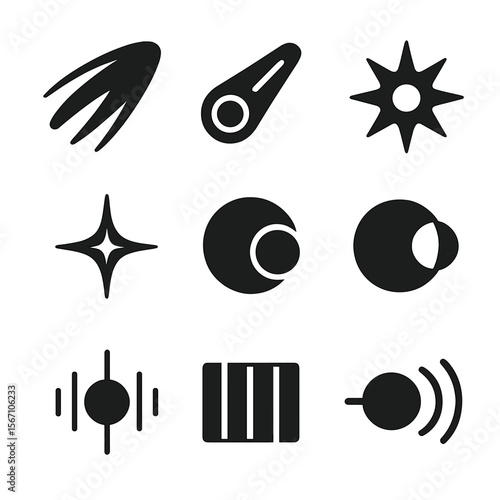 Space Phenomena Icons. Solid, filled icons set of observable space phenomena: comet tail, meteor path, nova