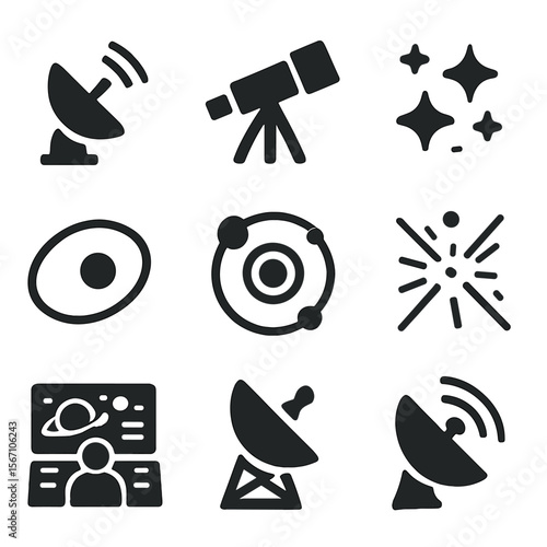 Space Telescope Icons. Solid, filled icons set of space telescopes: satellite dish, telescope lens, star