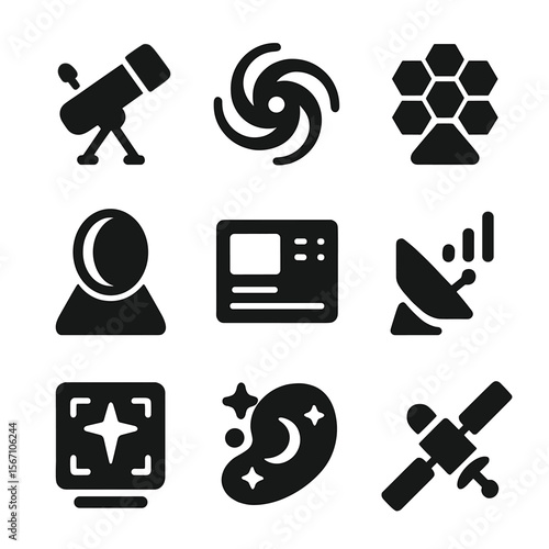 Space Telescope Icons. Solid, filled icons set of space telescopes: telescope icon, galaxy swirl, mirror array