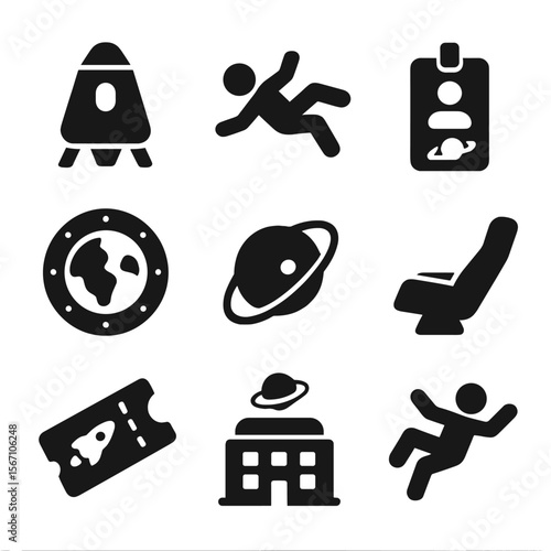 Space Tourism Icons. Solid, filled icons set of space tourism: space capsule, zero gravity icon, tourist badge