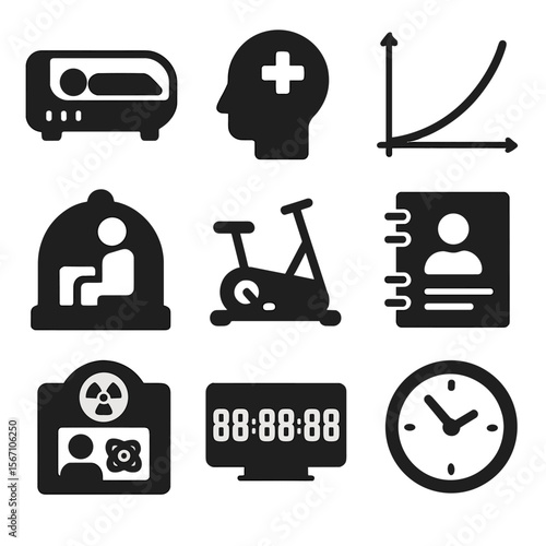 Space Mission Icons. Solid, filled icons set of long-duration space missions: cryosleep unit, psychological