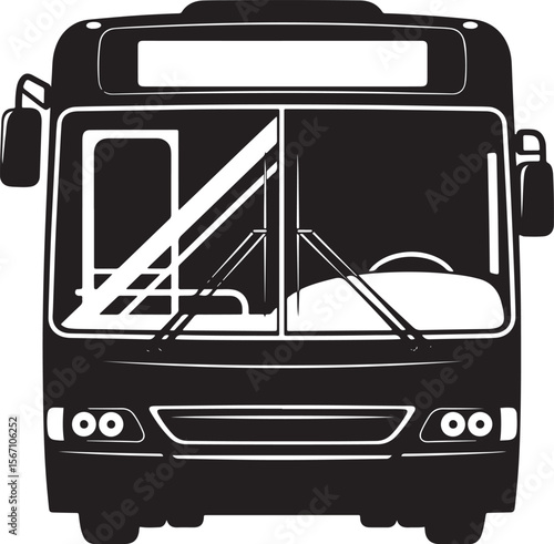 Black and white graphic illustration of a city bus front view public transport transportation