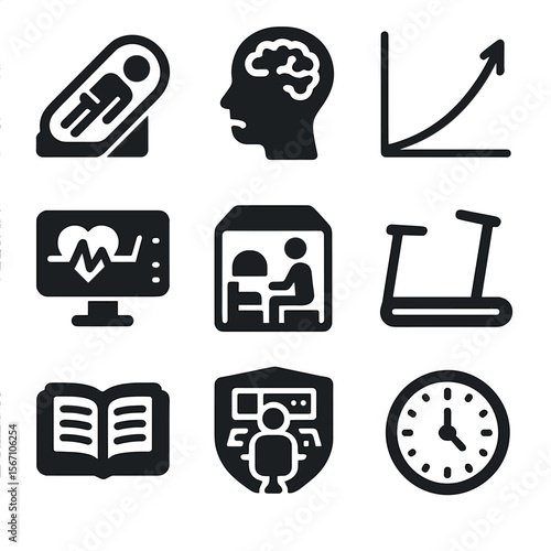 Space Mission Icons. Solid, filled icons set of long-duration space missions: cryosleep unit, psychological