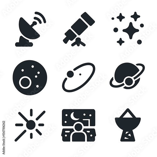 Space Telescope Icons. Solid, filled icons set of space telescopes: satellite dish, telescope lens, star