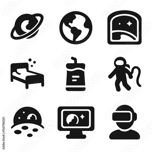 Space Vacation Icons. Solid, filled icons set of low Earth orbit vacations: orbit ring, satellite view,